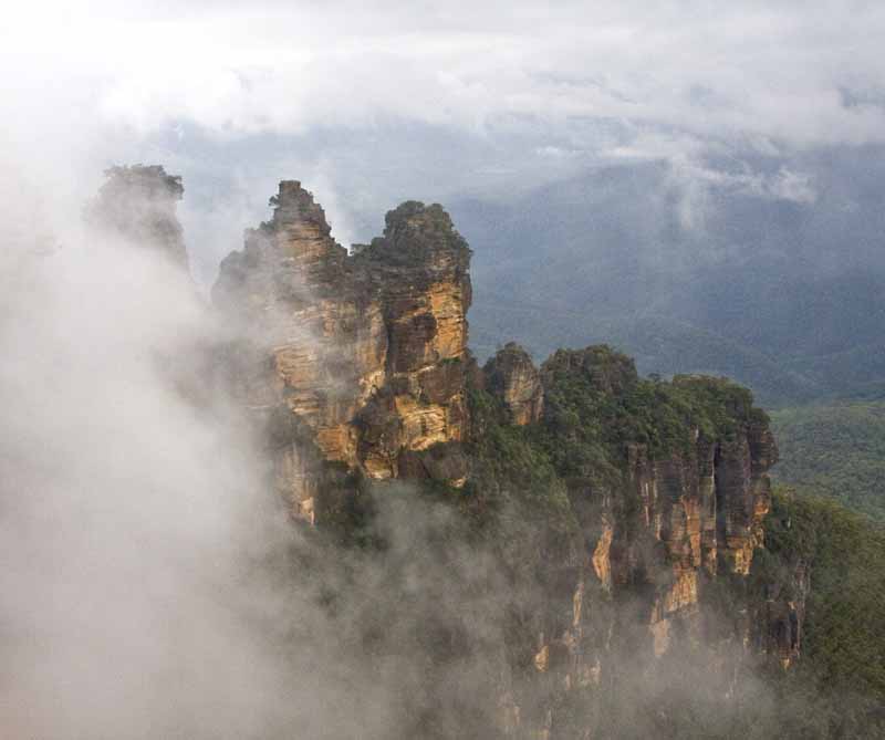 view of the Blue Mountains on a foggy afternoon